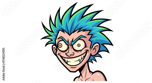 Intense cartoon character portrait with wildly styled turquoise hair and sinister grin