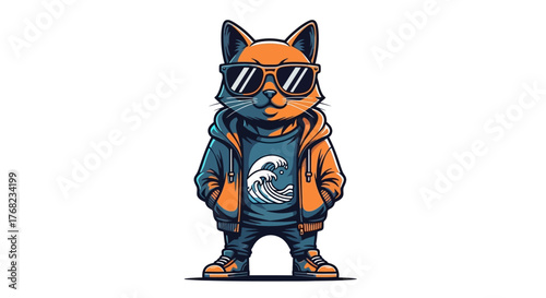 Cool feline character in urban style with hoodie and sunglasses, adorable cat illustration