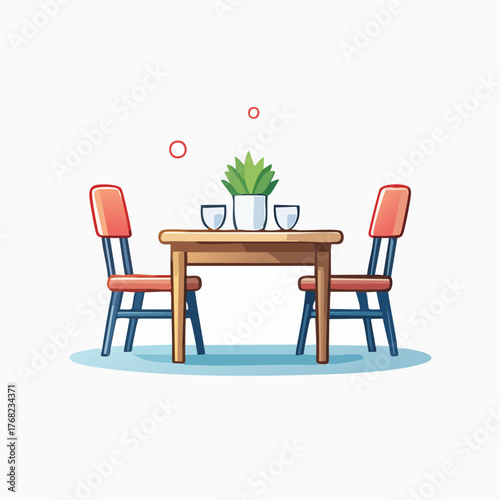 Dining table with chairs and plant in the middle.