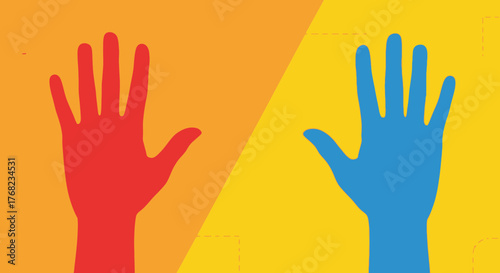 United we stand: two diverse hands reaching out on a vibrant divided background