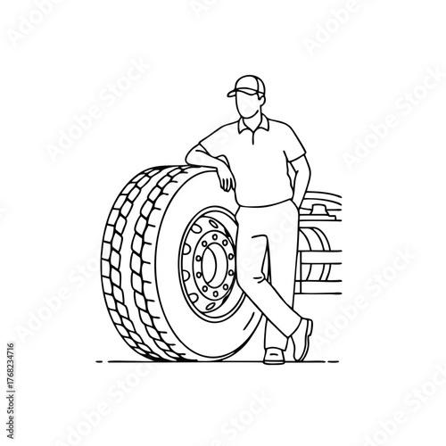Silhouette of a Truck Driver With Cap Leaning Against a Big Truck Tire, Minimalist Outline