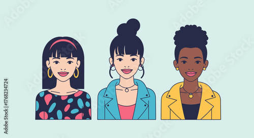 Diverse group of stylish women in fashionable outfits and accessories illustrated