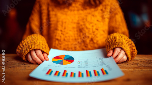 Close-up of caucasian woman in mustard sweater holding colorful business report with pie and bar charts on wooden desk