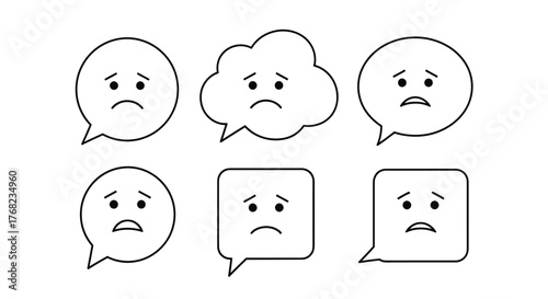 Sad emotion face in speech bubbles: circle, cloud, and square variations