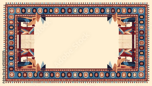 Afghan Kilim-Inspired Geometric Vector Frame – Luxurious Rug Motif Border with Loom & Artisan Elements, Ruby Red & Indigo Palette, Editable EPS