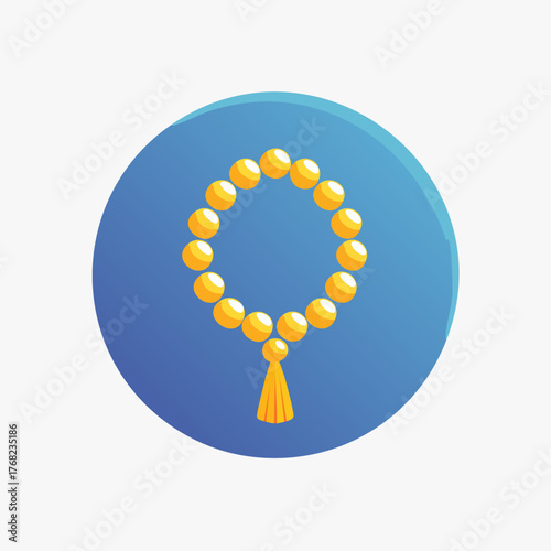 Golden prayer beads on blue background, spiritual symbol.