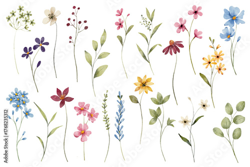 Flowers and leaves digital illustration, spring design, watercolor hand painting. Perfectly for printing, sublimation.