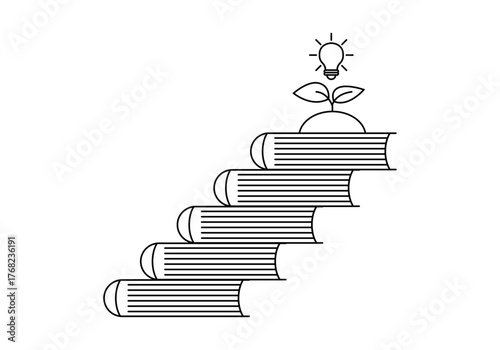 Icono negro de libros en escalera con planta y bombilla de aprendizaje 