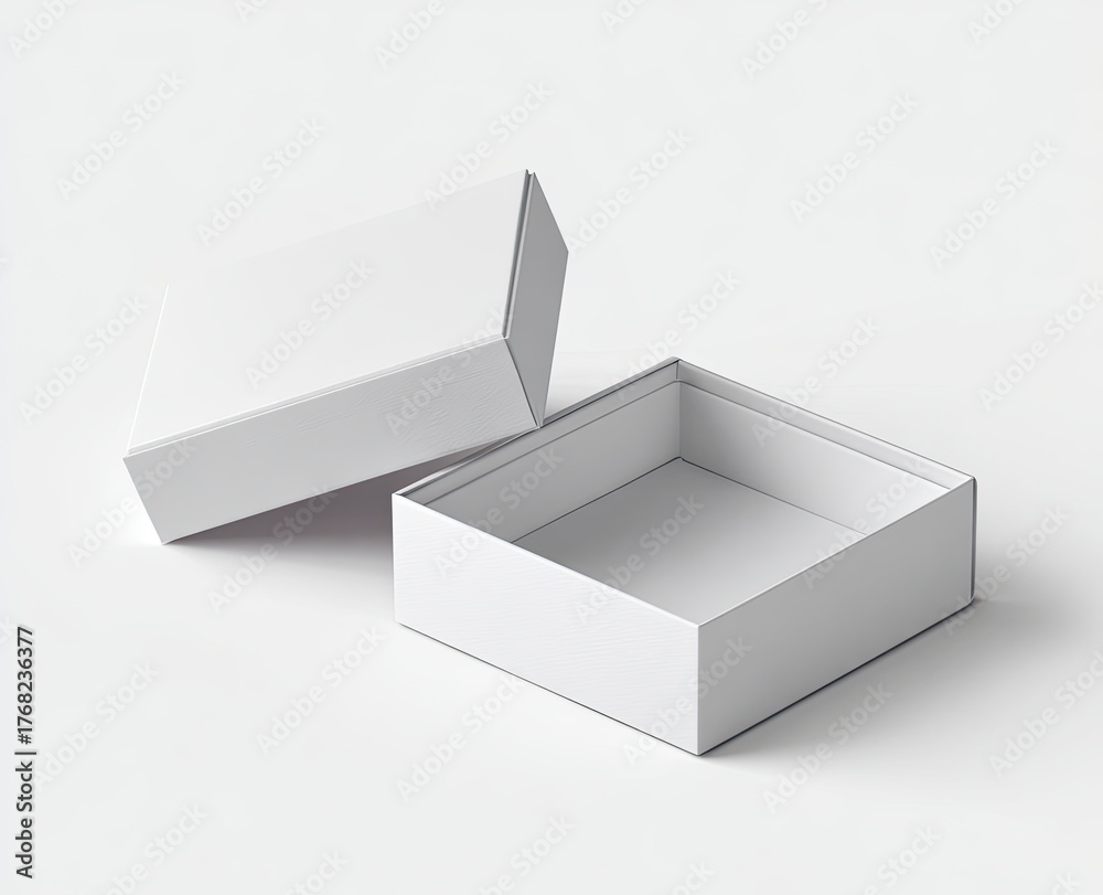 Naklejka premium Empty white square box with its lid slightly ajar, isolated on a seamless white background
