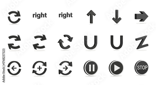 Collection of black and white 3D rendered universal symbols on a white background