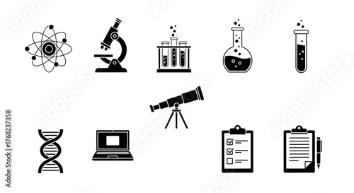 Illustrations of science elements, depicting a range of scientific tools and symbols