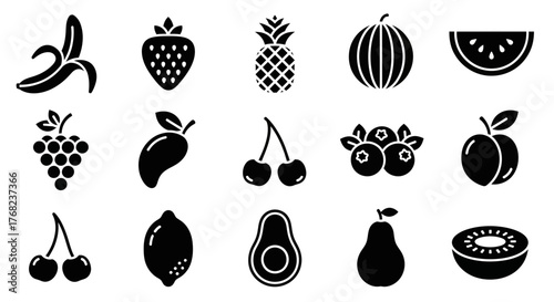Collection of black and white fruit icons representing various healthy food choices