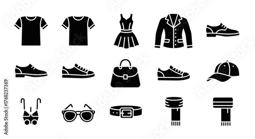 Collection of fashion clothing and accessories icons in black silhouette style design