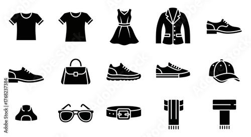 Collection of essential fashion and wardrobe items in a clean glyph style design