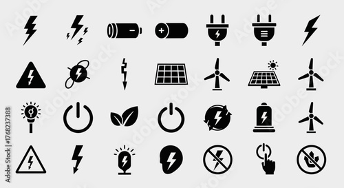 Collection of energy and environment icons representing sustainability and power sources