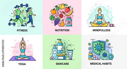 Illustrations showcasing wellness practices promoting physical and mental health solutions