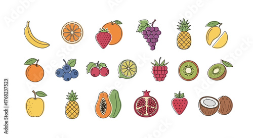 Colorful cartoon fruit collection featuring a variety of healthy and delicious options