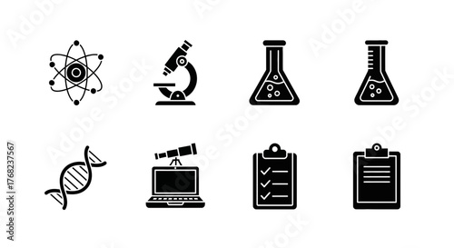 Scientific symbols illustration featuring lab equipment, tools, and study objects