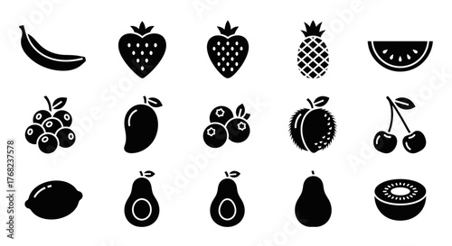 Collection of vector fruit icons in minimalist black and white style design