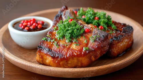 Delicious Grilled Pork Chops Glazed With A Savory Sauce Topped With Fresh Green Herbs And Red Peppercorns Served With A Side Of Dipping Sauce On A Wooden Plate Detailed Close Up Macro Food Photography