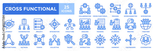 Cross functional icon collection set. Containing collaboration,cooperation,synergy,training,talent,project,integration icon. Simple blue vector illustration.	
