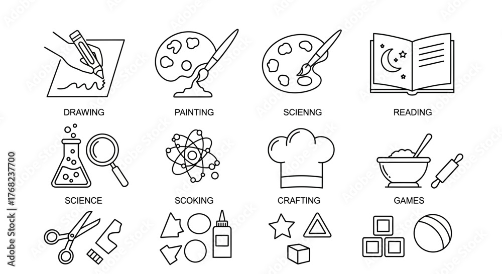 Naklejka premium Illustration of various hobbies and activities, including drawing, painting, and crafting