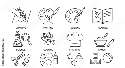 Illustration of various hobbies and activities, including drawing, painting, and crafting