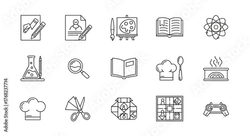 Set of linear icons representing various hobbies and activities concept collection