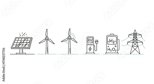 Renewable Energy Sources Illustration with Solar Panel, Wind Turbines and Electric Charger