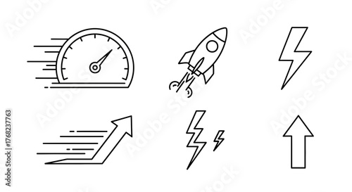 Minimalist vector icons representing speed, growth, and energy on white background
