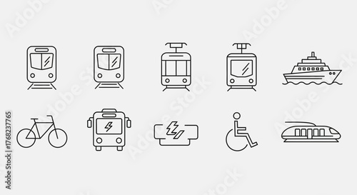 Transportation icons set line style, including trains, trams, bicycle, bus and more