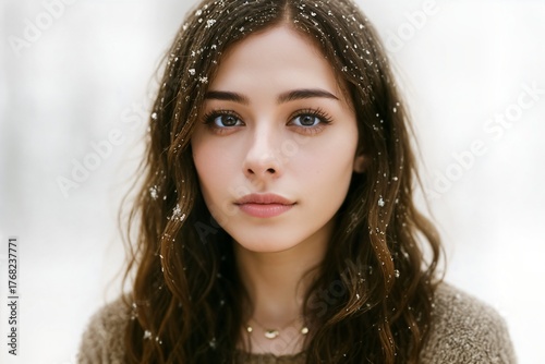 Soft winter portrait of young woman outdoors, snowflakes in her hair, natural light and neutral white background, calm expression