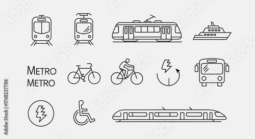 Minimalist vector icons representing various modes of urban public transportation