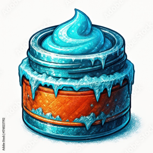 Jar with frozen blue cream and ice container frost