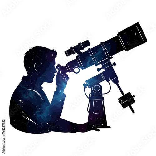 Male Astrophysicist Observing Deep Space Phenomena with Astronomical Telescope Vector