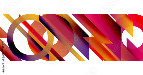 Abstract composition. Overlapping shapes create dynamic visual effect. Red, purple, orange hues dominate design. Modern, vibrant.