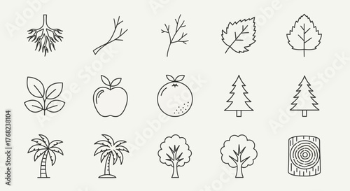 Nature icons set with tree, leaf, fruit and branch minimal style vector collection