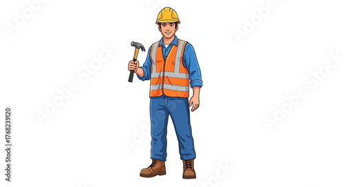 Cartoon construction worker with protective gear holding a hammer showcasing industry job role and