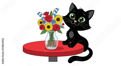Charming illustration of a black cat with bright green eyes admiring flowers in a vase