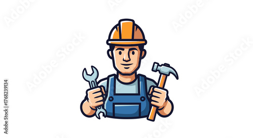Cartoon construction worker with wrench and hammer, ready for service and repair task