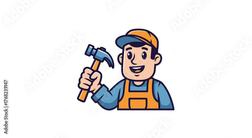 Cartoon handyman character holding hammer ready for construction projects and home repair logo