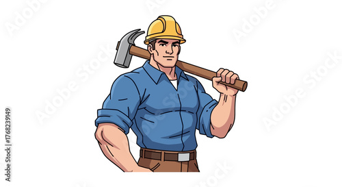 Illustrative construction worker character holding hammer wearing safety helmet ready to work