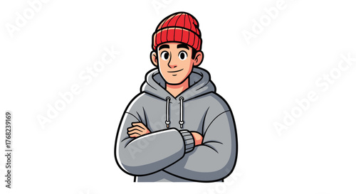 Confident cartoon man with a beanie and hoodie striking a pose with crossed arms on white