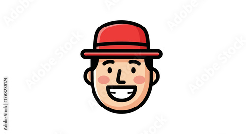Cartoon man with a red hat smiles brightly, radiating friendly happiness and charm isolated