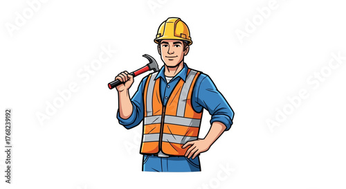 Illustration of a friendly construction worker with a hammer in a safety vest and hard hat