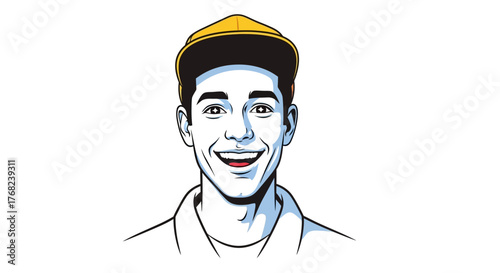 Cartoonish depiction of a young man with a cheerful expression and a golden yellow cap