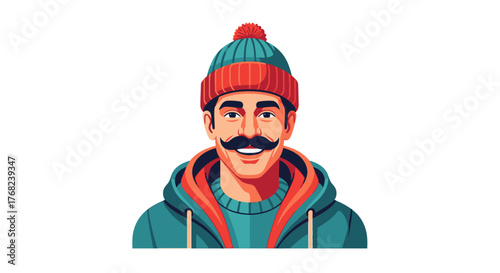 Stylized illustration of a man with a mustache wearing a winter hat and a hoodie