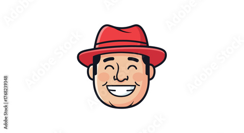 Cartoon man with red fedora and wide, joyous smile radiating cheerfulness and warmth