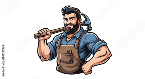 Bearded craftsman with hammer embodies skill precision and dedication to woodworking projects