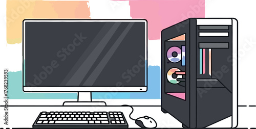 Modern desktop computer setup with illuminated tower keyboard and mouse on a desk with colorful background elements